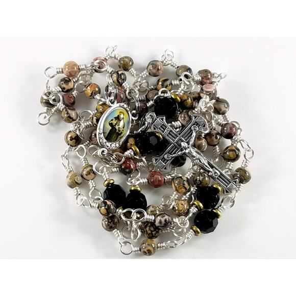 St. Francis of Assisi 5 Decade Rosary, Gemstone & Crystal Beads, Silver Plated - Picture 7 of 10